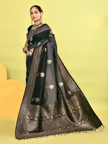 Joban Fashion Grey & Black Plain With Weaving Border Banarasi Silk Sarees