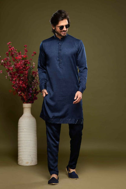 Raivat Ethnic Art Banarasi Silk Thread Work Kurta Pajama In Blue Colour