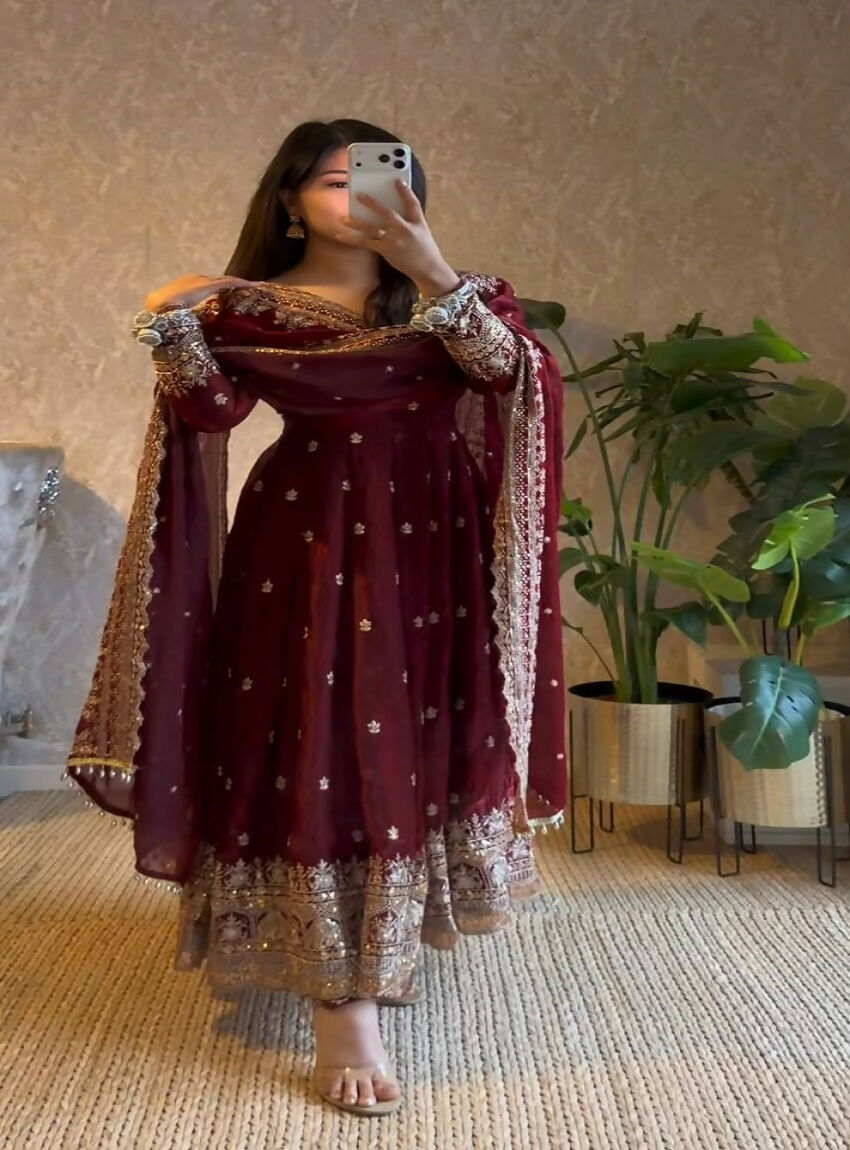 Teeya Creation Dark Maroon Heavily Embroidered Festive Wear Anarkali Salwar Suit