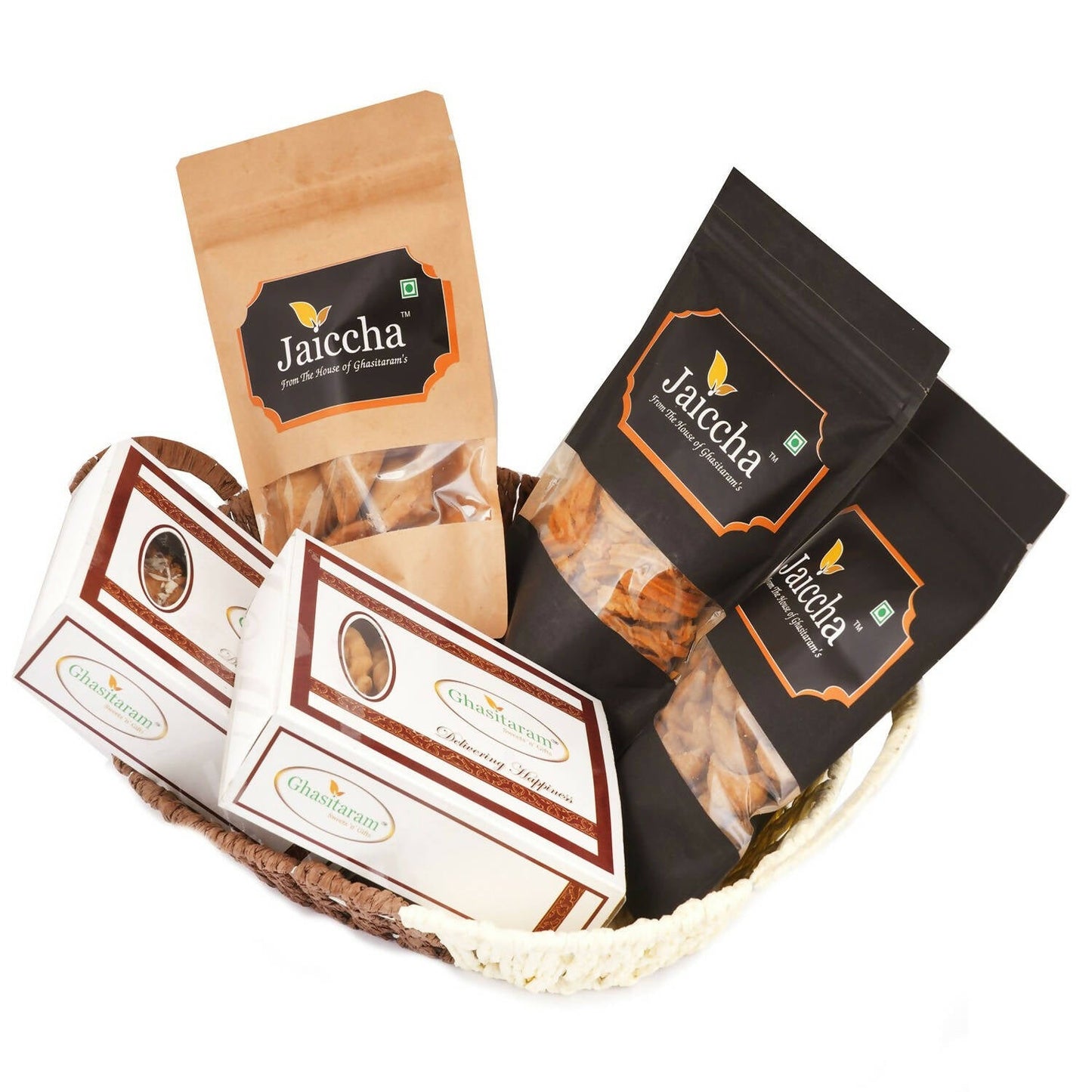 Ghasitaram Brown Basket of Traditional Gujiyas, Dry Sweet Gujiyas, Gujiya Namkeen, Soya Sticks, Farsaan Samosa & Flavoured Almonds Pouch