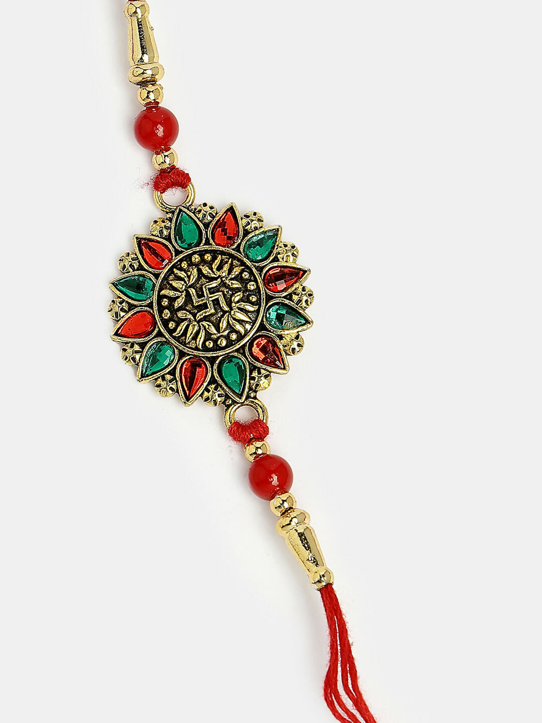 NVR Men Red & Gold-Toned Stone-Studded Rakhi With Roli Chawal & Chocolate