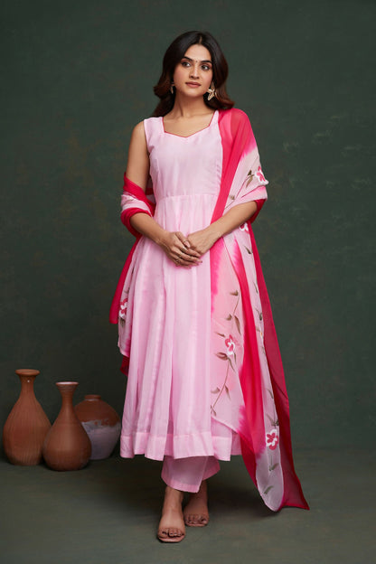 Aayaa Viscose Organza Dyeable Hand Painted Suit - Light Pink