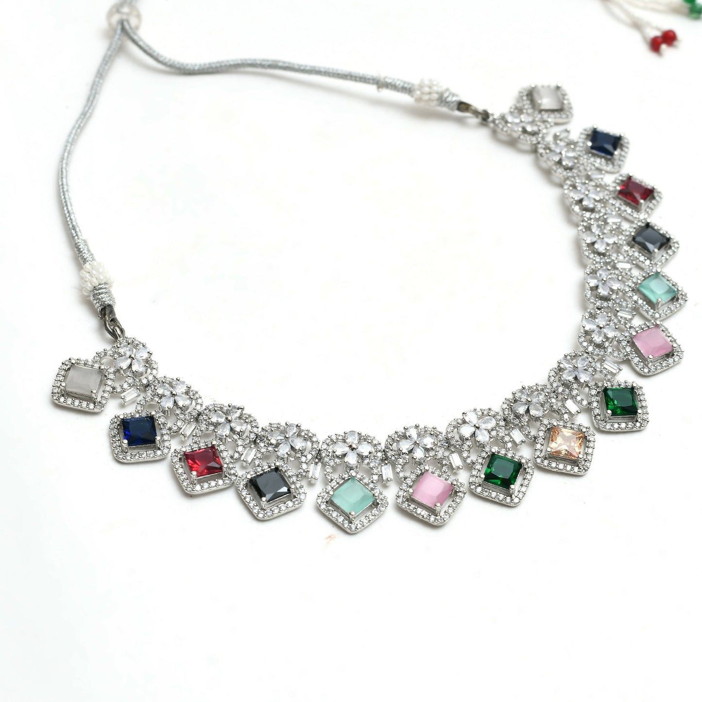 Mominos Fashion Johar Kamal Women Silver-Plated American Diamond Multi Colour Choker Set