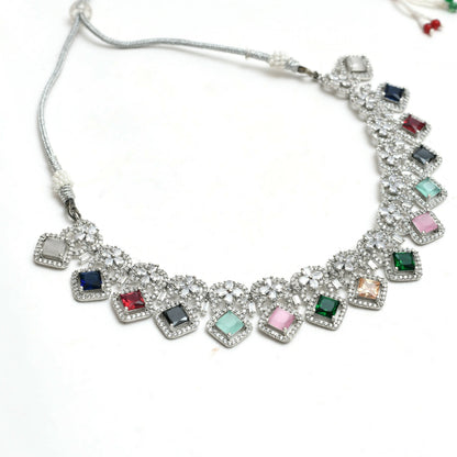 Mominos Fashion Johar Kamal Women Silver-Plated American Diamond Multi Colour Choker Set