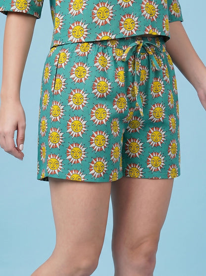 Breathables Woven Cotton Half Sleeves Sun Shorts Set Blue