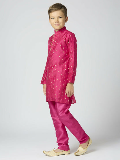 Joban Fashion Kids Island Full Sleeves Chanderi Kurta, Pyjama Set with Traditional Butta Work - Rani Pink