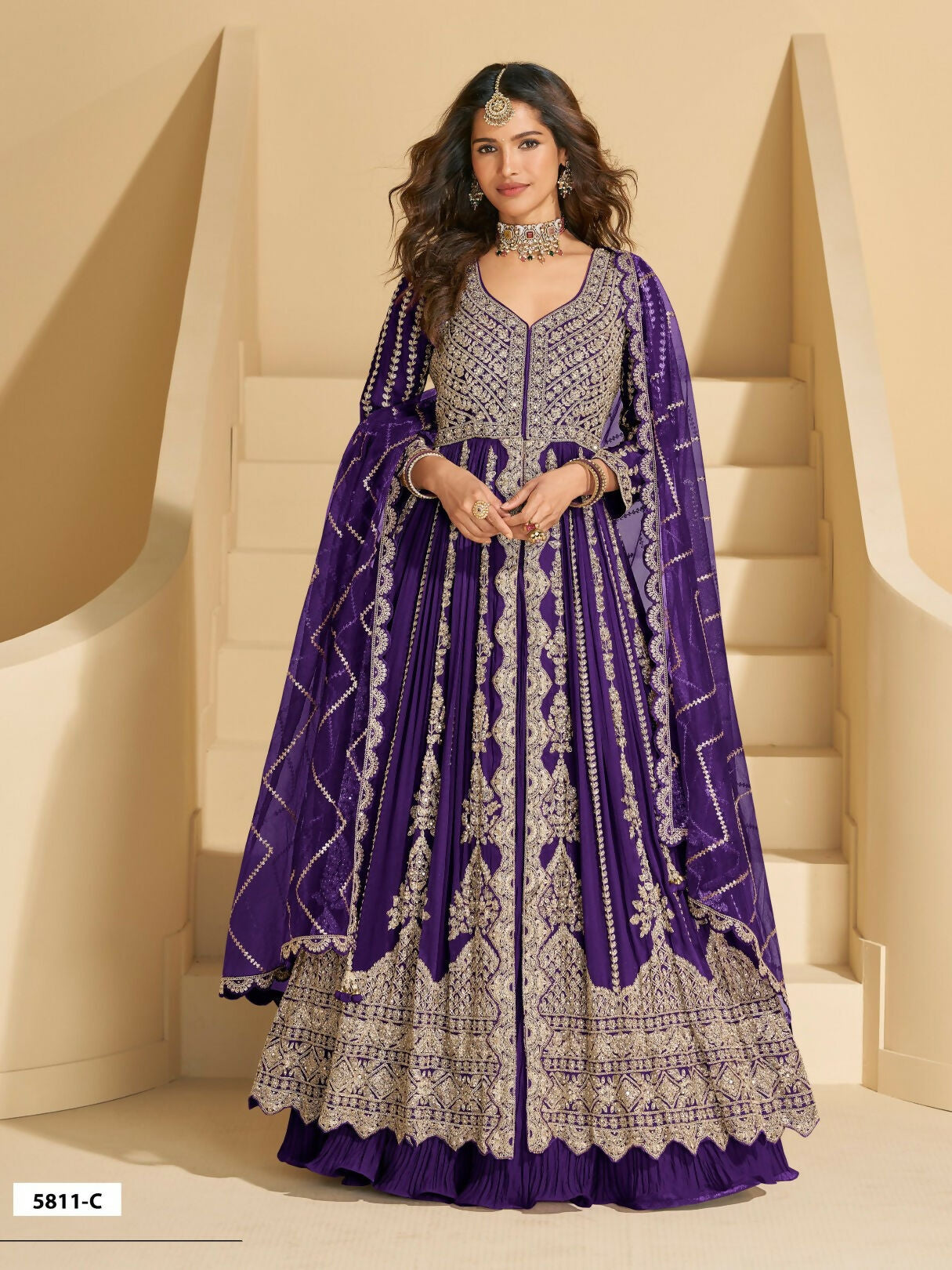Anaita Violet Chinon Readymade Anarkali Lehenga with Heavy Embroidery Work