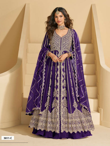 Anaita Violet Chinon Readymade Anarkali Lehenga with Heavy Embroidery Work
