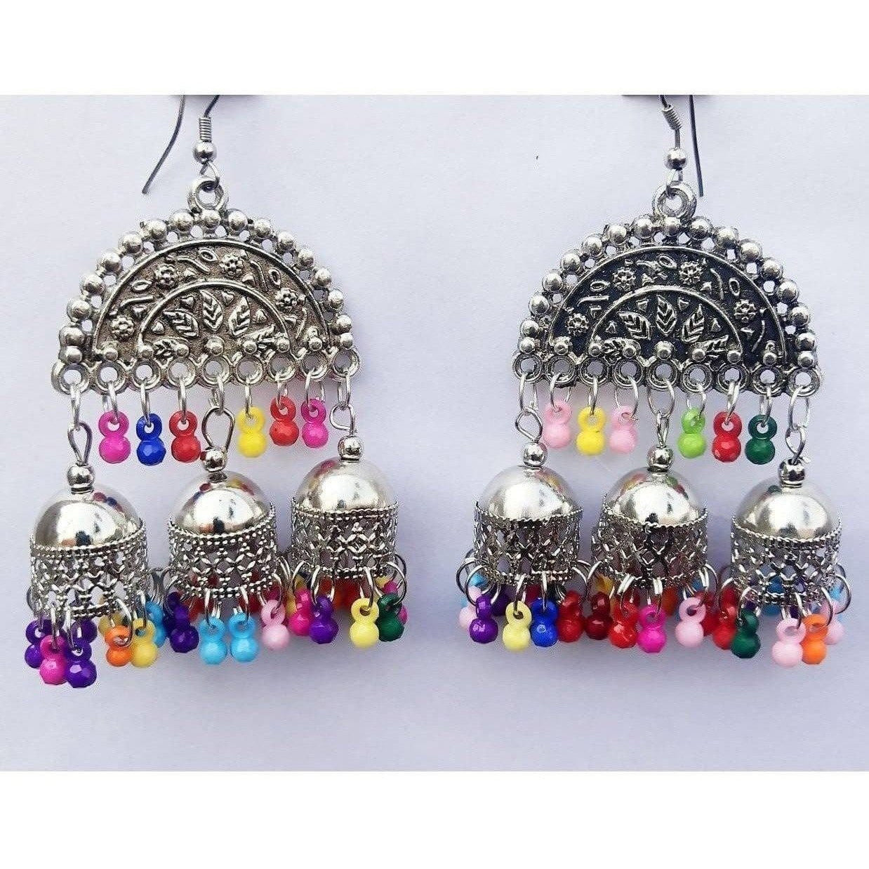 MS Fashion India Half Moon Triple Jhumka Multi Color Pearls Fancy Earrings