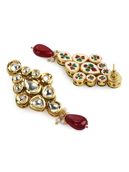 Gold-Polished White Maroon Kundan Studded Beaded Handcrafted Jewellery Set - Ruby Raang
