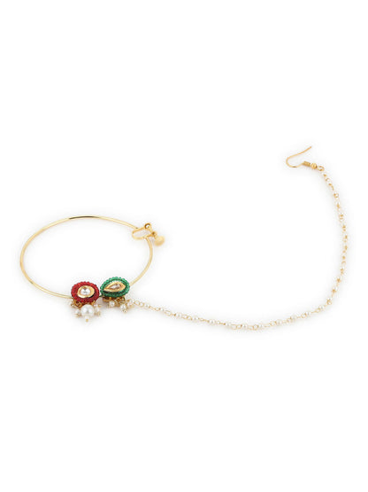Gold-Polished White Red Stone-Studded Pearl Beaded Nosepin - Ruby Raang