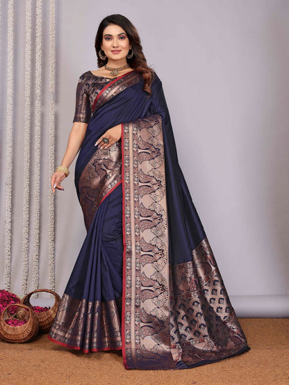 Joban Fashion Navy Blue Woven Banarasi Silk Sarees