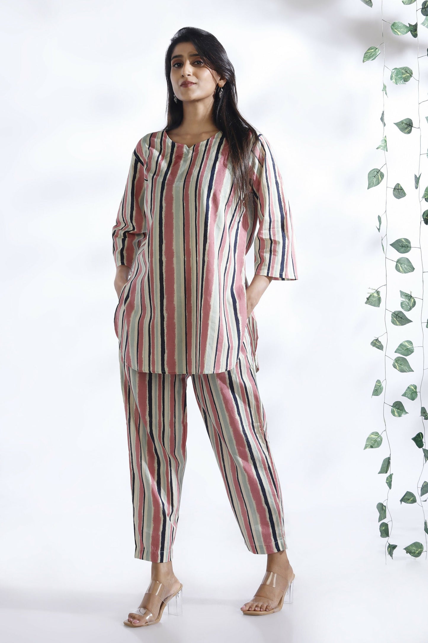 Breathables Women’S Pink Cotton Stripes Loungewear Co-Ord Set
