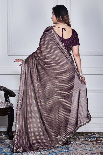 Morchari Purple Pure Chiffon Hand Embroidery Saree And Stitched Blouse