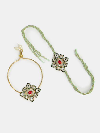 NVR Women & Men Set of 2 Gold Kundan-Studded Handcrafted Wraparound Rakhi Set With Roli Chawal & Chocolate