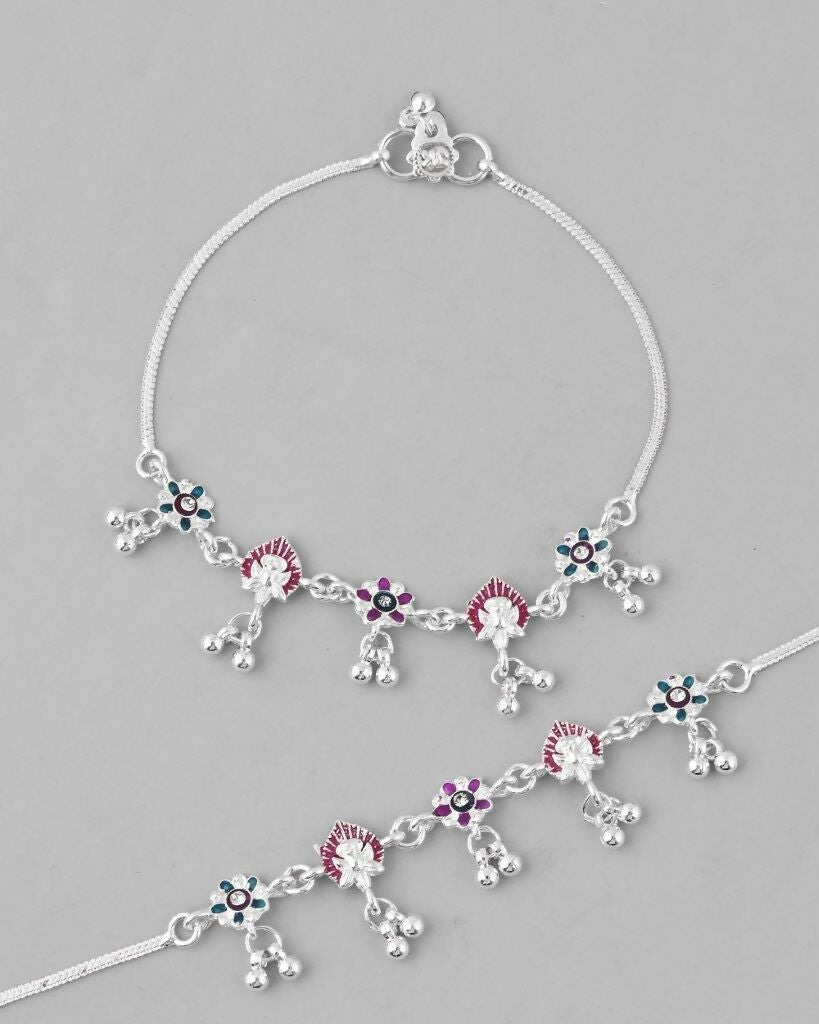 VOJ Set of 2 Silver Plated Designer Multi Color Anklet
