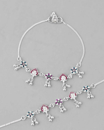 VOJ Set of 2 Silver Plated Designer Multi Color Anklet