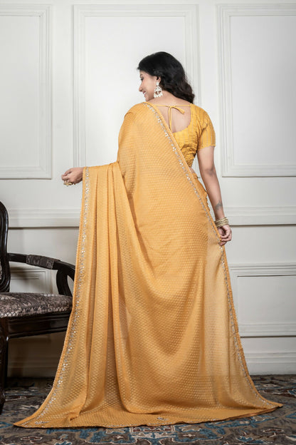 Morchari Yellow Pure Chiffon Hand Embroidery Saree And Stitched Blouse