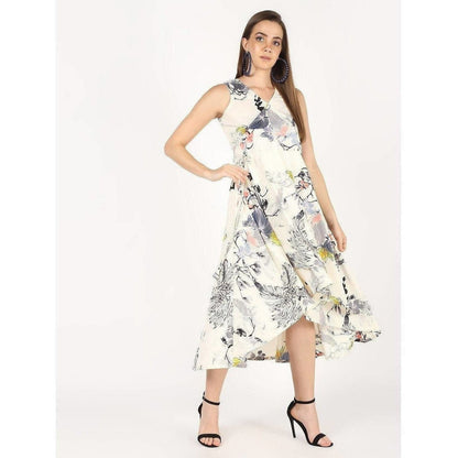 Cheera White Colour Flowral Printed Flair Party Dress