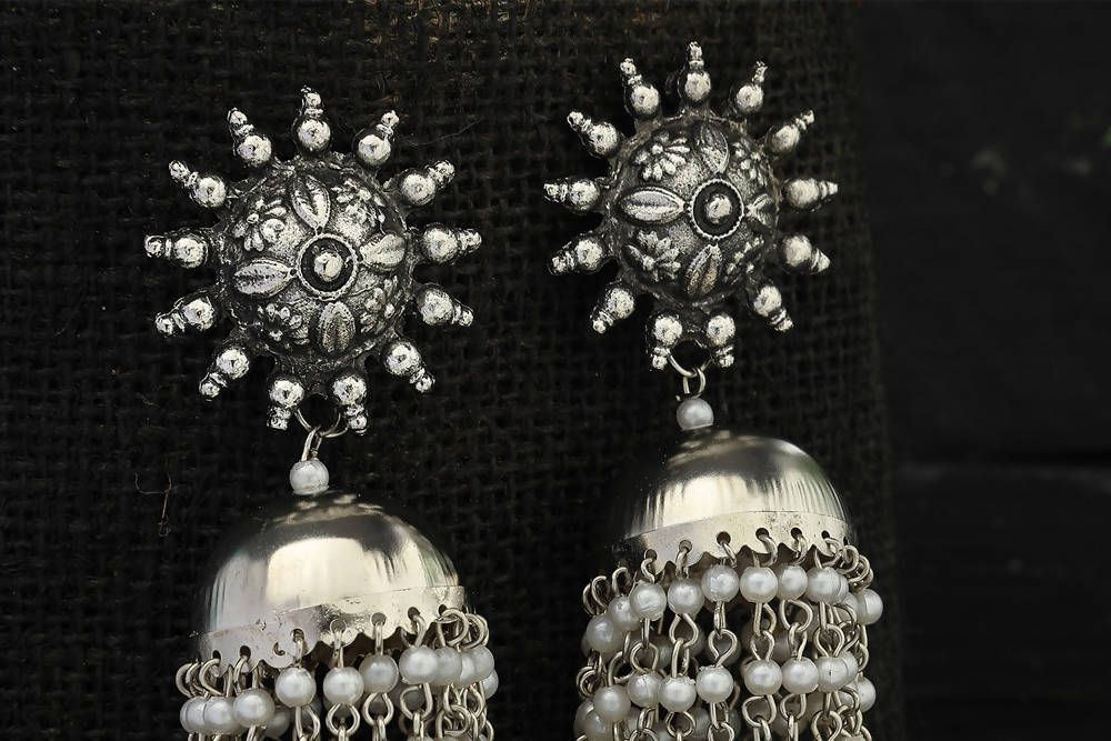 Mominos Fashion Johar Kamal Silver-Plated Earrings With Pearls Jhumkas