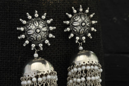 Mominos Fashion Johar Kamal Silver-Plated Earrings With Pearls Jhumkas
