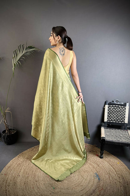 Joban Fashion Dusty Green Paisley & Floral Soft Satin Silk Banarasi Silk Saree