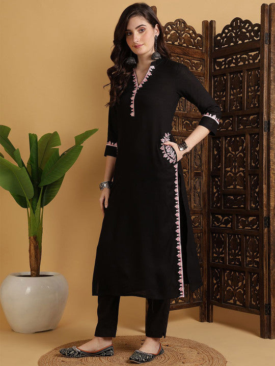 Sangria Embroidered Calf Length V-Neck Three-Quarter Sleeve Straight Kurta