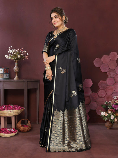 Joban Fashion Black Floral Banarasi Silk Sarees