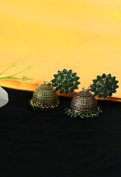 Mominos Fashion Johar Kamal Beautiful Kundan Work Jhumka With Green Beads