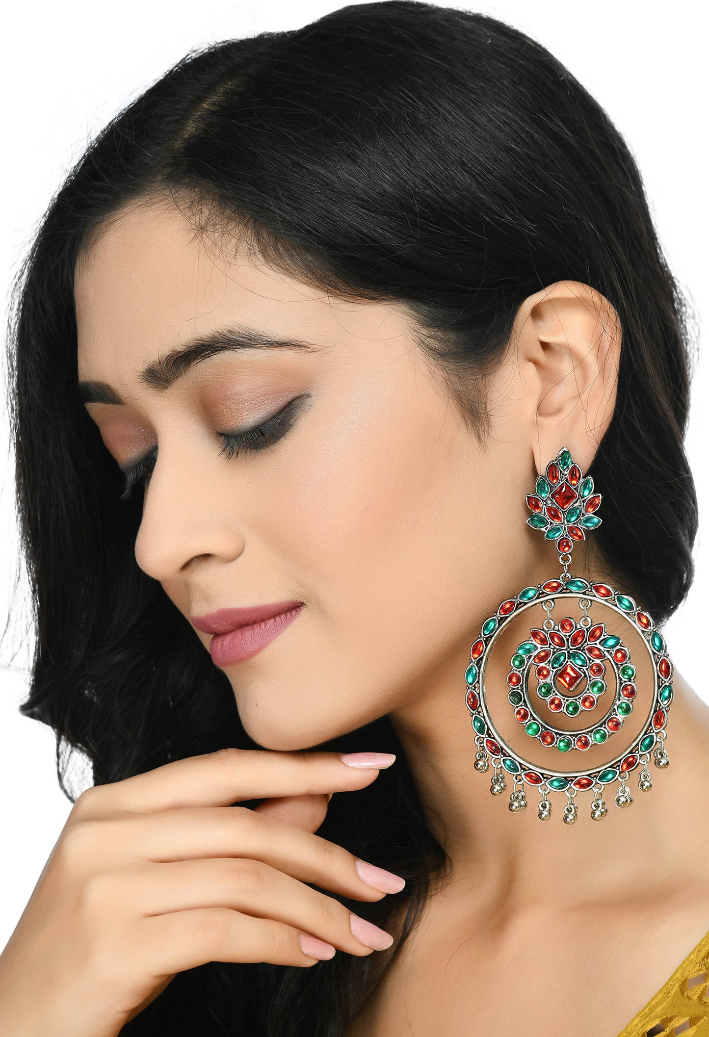 Mominos Fashion Johar Kamal Women's Red & Green Kundan Circles Earrings