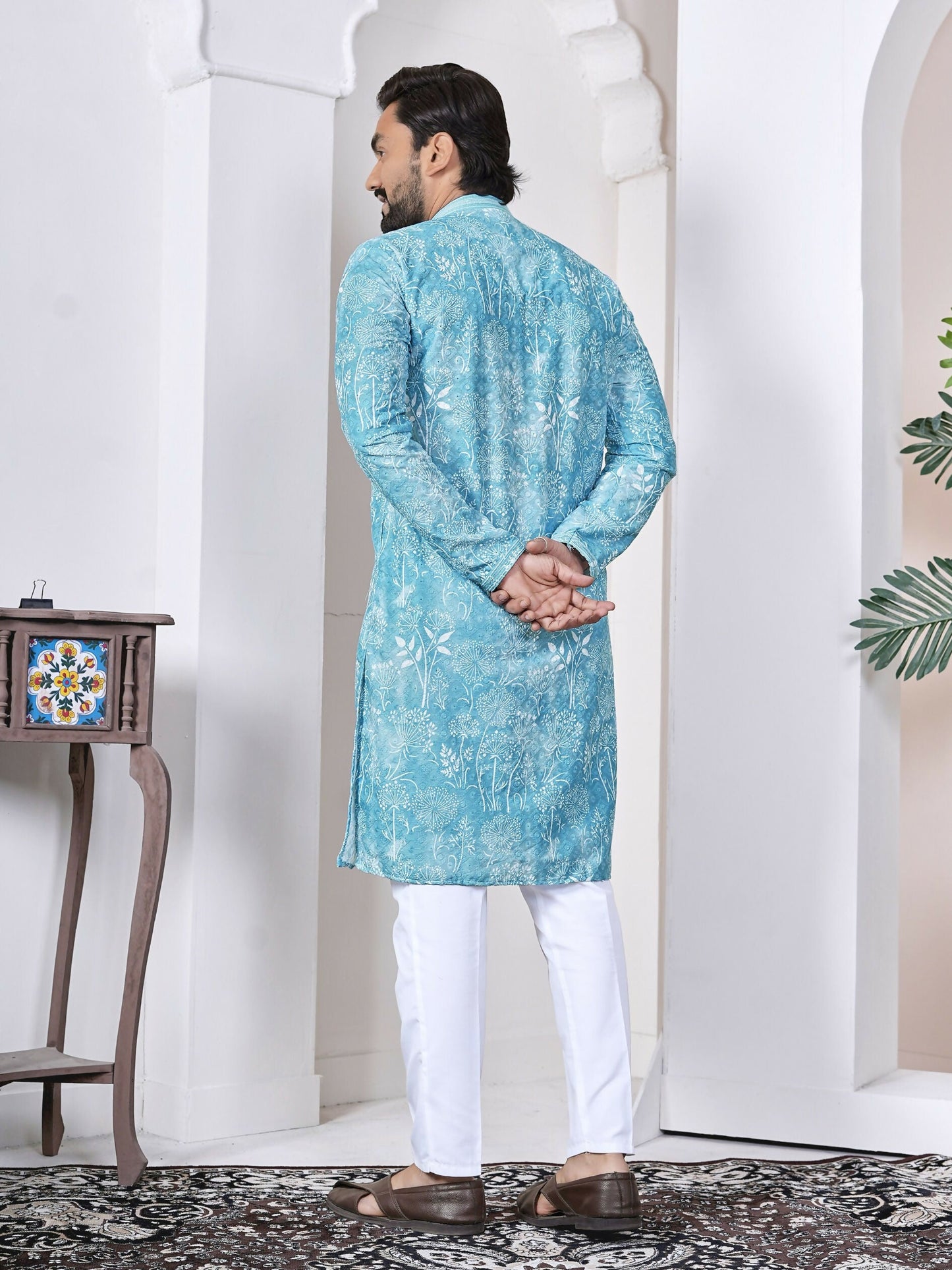 Anaita Sky Blue Digital Printed Work Cotton Straight Kurta