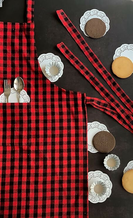 Pixel Home Cotton Apron Check Kitchen-Red Checked