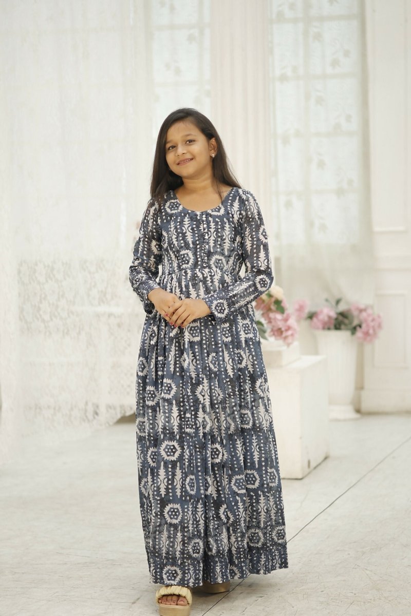 Aayaa Designer Printed Faux Georgette with Embroidery Zari Sequins-work Kids Gown
