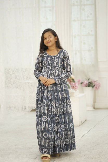 Aayaa Designer Printed Faux Georgette with Embroidery Zari Sequins-work Kids Gown