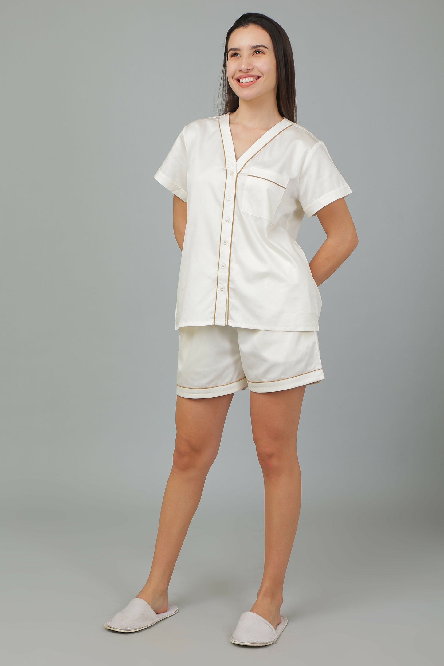 Breathables Women Cotton Night Suit Shirt And Shorts Co-Ord Set I Nightwear | Loungewear Set In Solid Colours