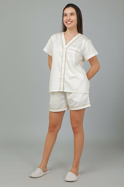 Breathables Women Cotton Night Suit Shirt And Shorts Co-Ord Set I Nightwear | Loungewear Set In Solid Colours