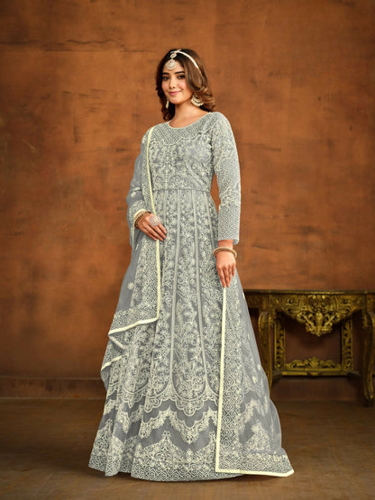 Anaita Grey Embroidered Net Anarkali Suit