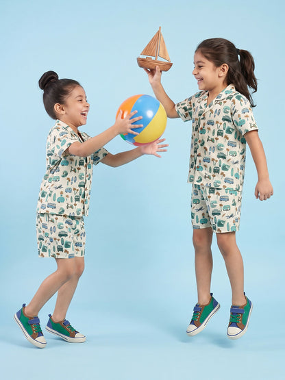 Breathables Woven Cotton Half Sleeves Beach Inspired Shirt & Shorts White