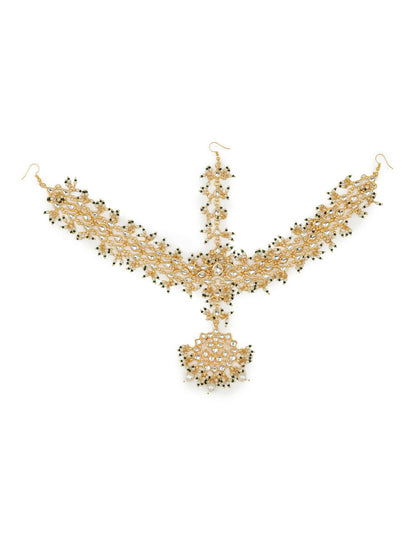 Gold-Polished White Green Kundan-Studded Pearl Beaded Matha Patti - Ruby Raang