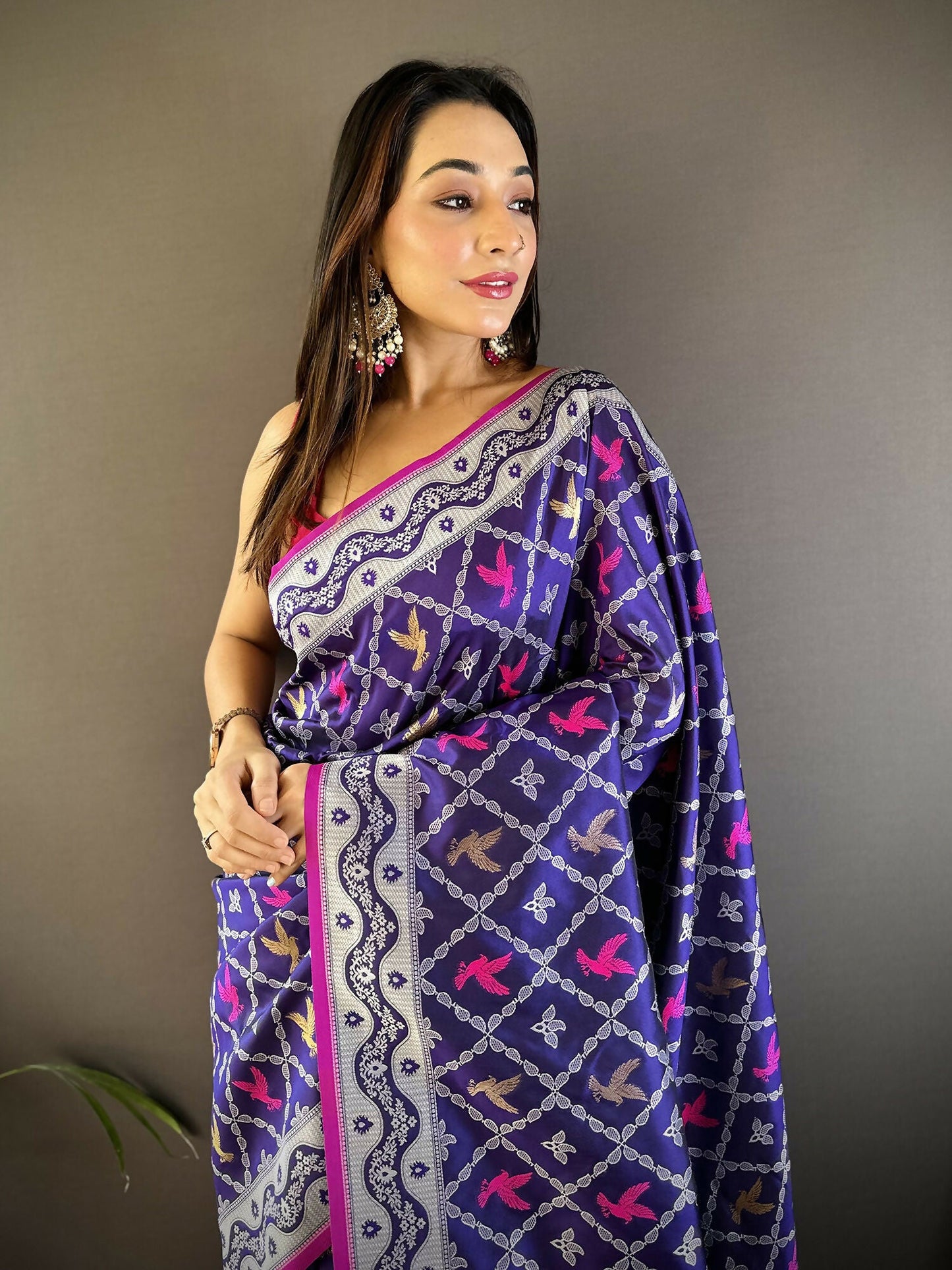 Joban Fashion Blue Jacquard Woven Pattern Lichi Soft Silk Banarasi Saree