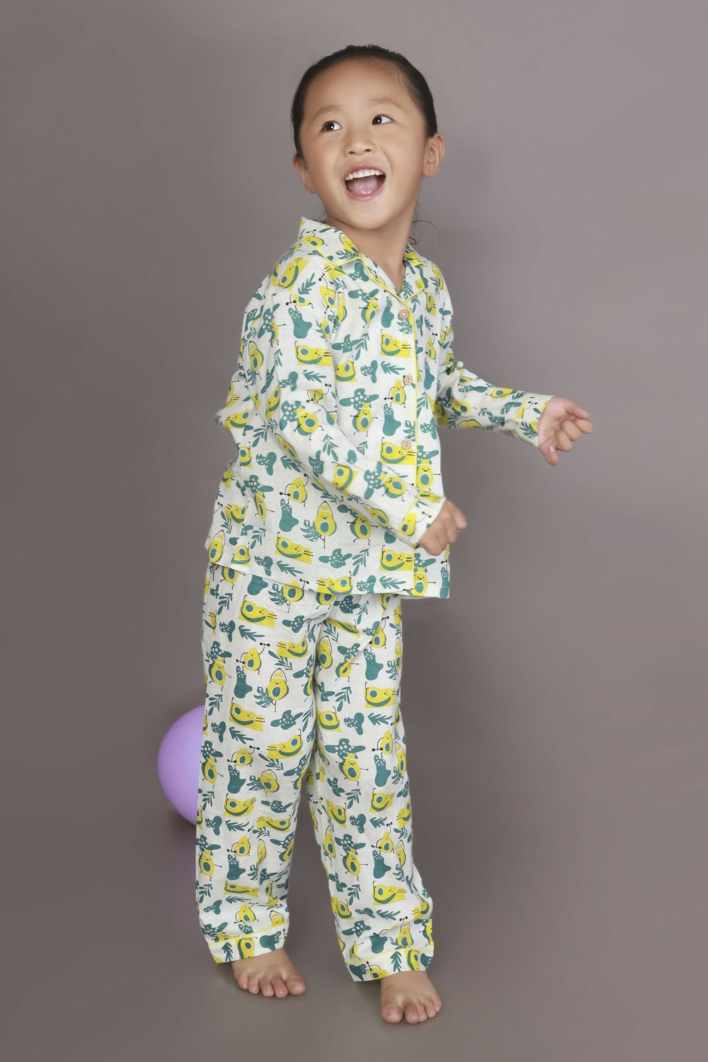 Breathables Kids Cotton Night Suit – White Avocado Print Shirt & Pyjama Co-Ord Set For Boys & Girls