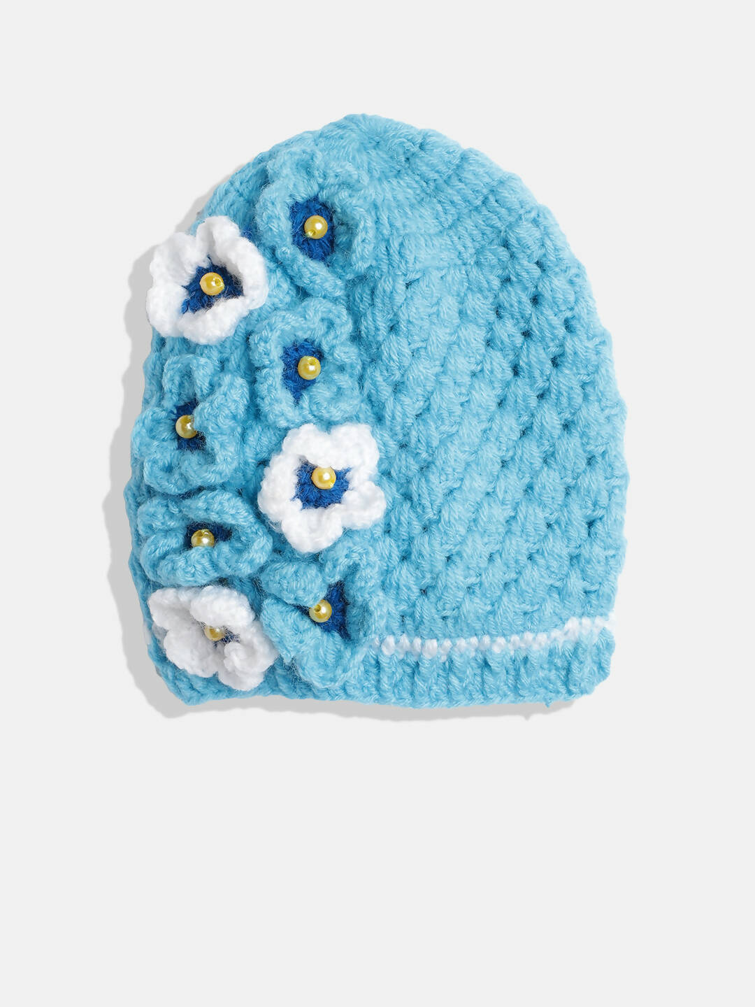 Chutput Kids Woollen Hand Knitted Pearl Embellished Floral Detailed Cap - Blue