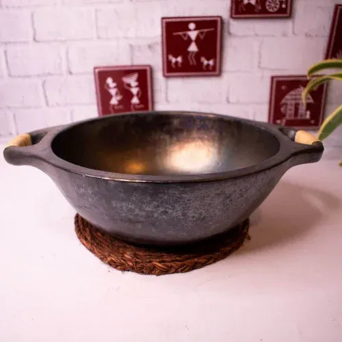 Zishta Wok Manipur Longpi Black Pottery with Wooden Handles