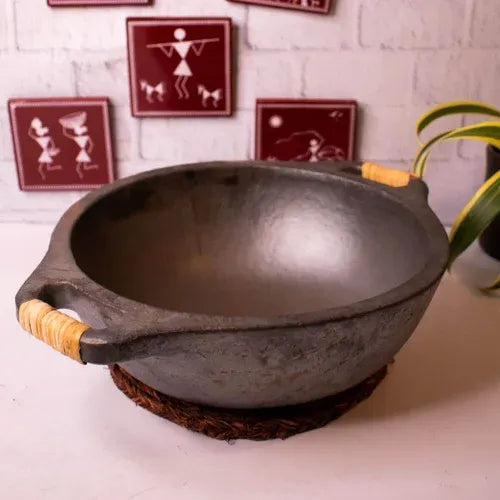 Zishta Wok Manipur Longpi Black Pottery with Wooden Handles