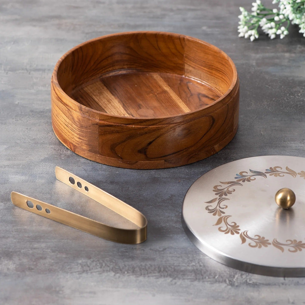 Nestroots Inscribe Acacia Wood Roti Box with Tong Silver Laser Design
