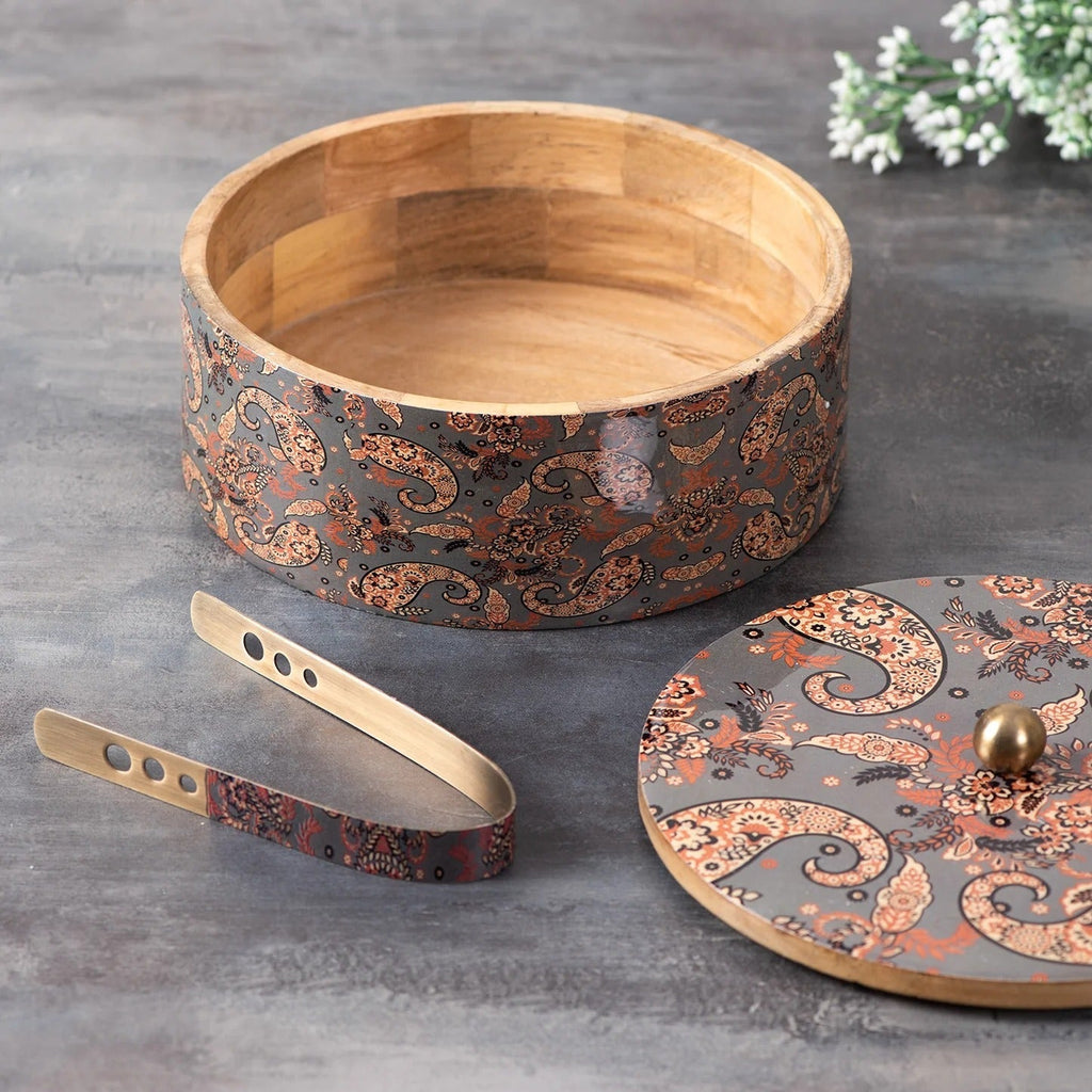 Nestroots Allure Teak Wood Roti Box with Tong Grey Enamel Print
