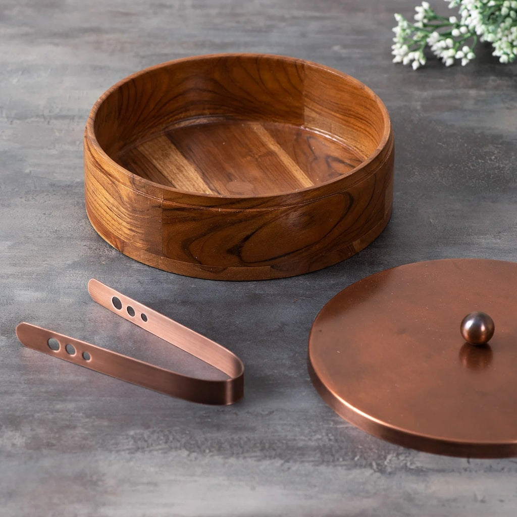Nestroots Classic Acacia Wood Roti Box Copper Lid with Tong
