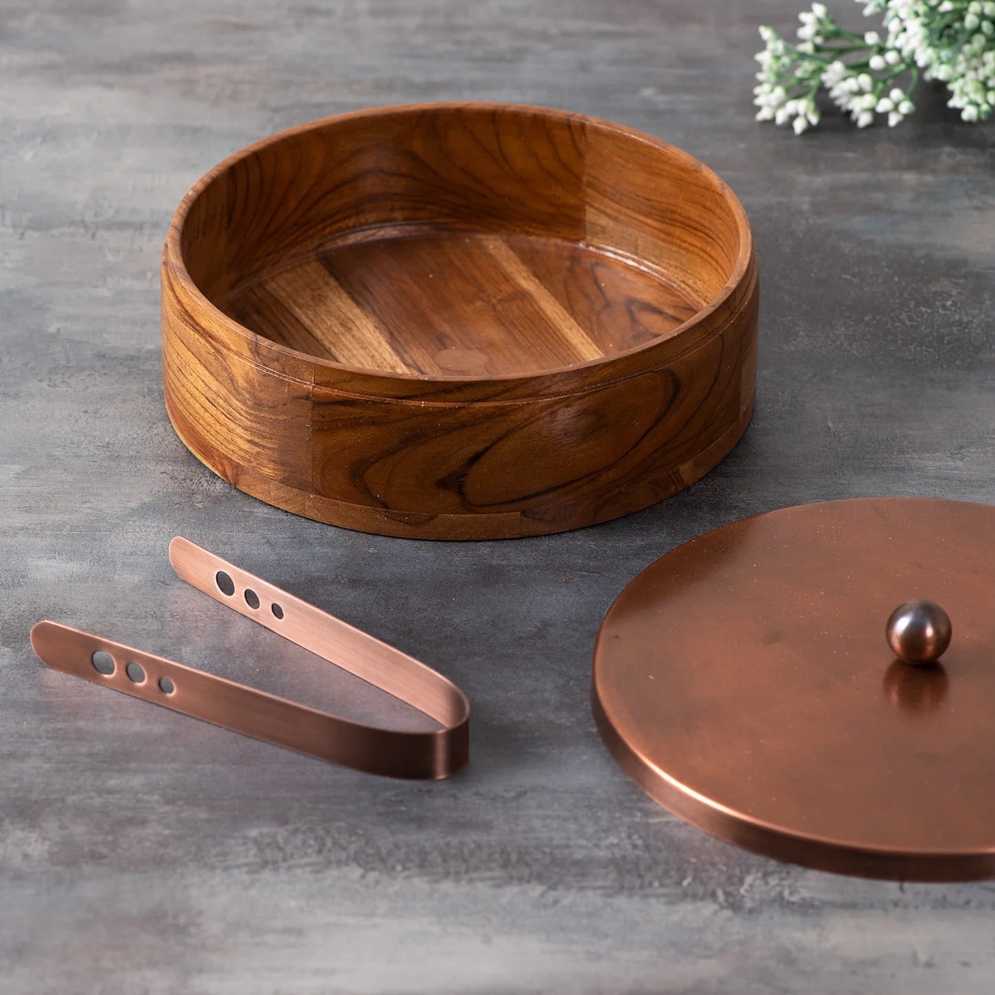 Nestroots Classic Acacia Wood Roti Box Copper Lid with Tong