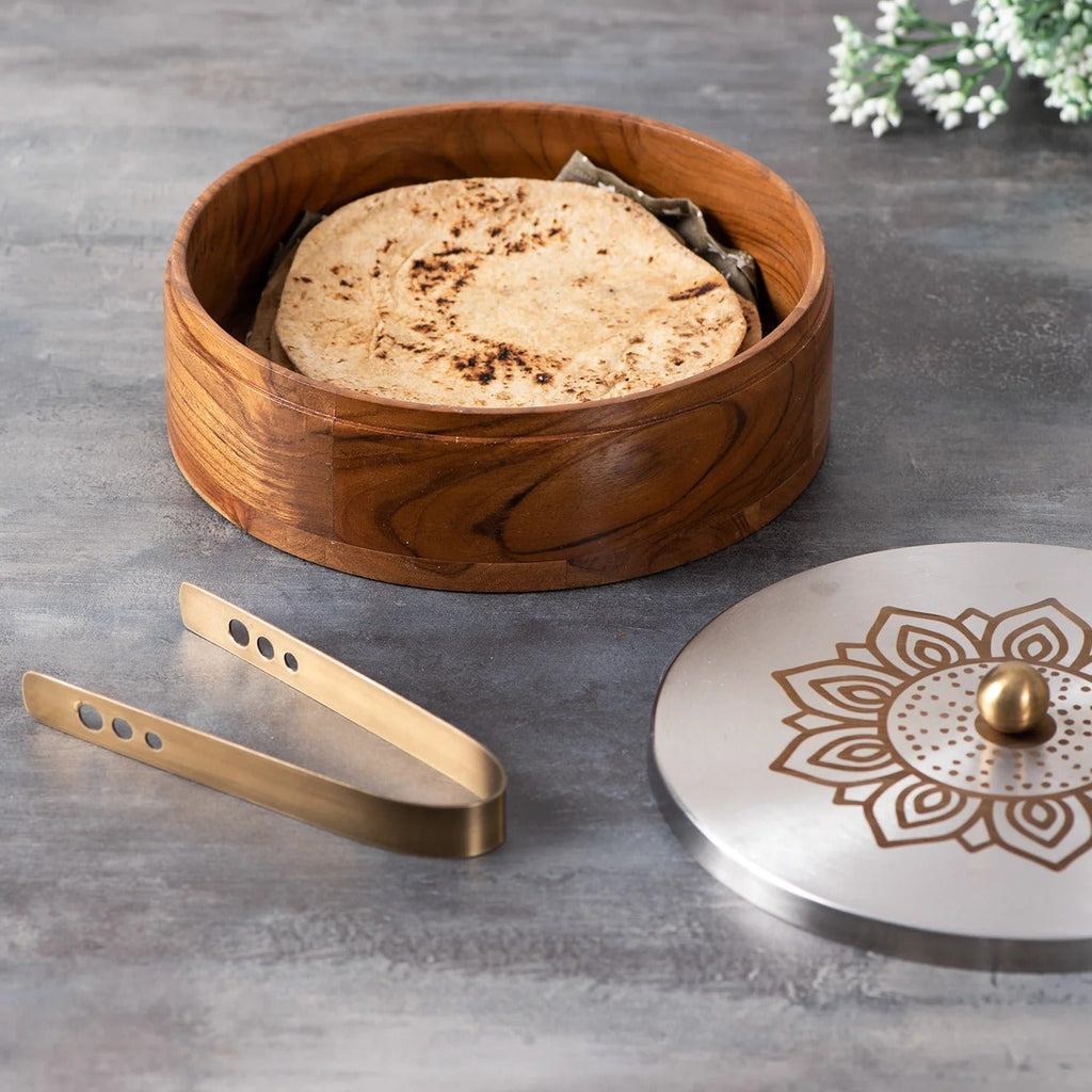 Nestroots Inscribe Acacia Wood Roti Box with Tong Floral Silver Laser Design