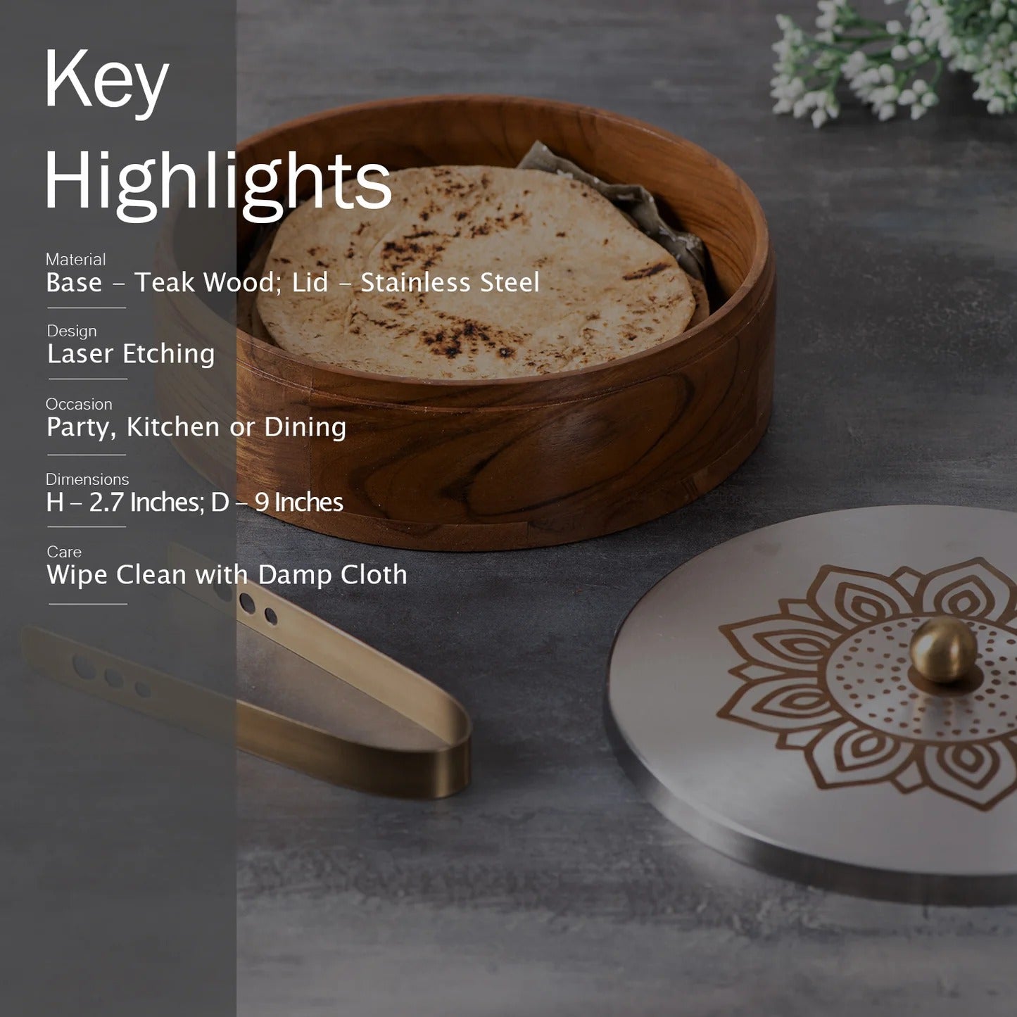 Nestroots Inscribe Acacia Wood Roti Box with Tong Floral Silver Laser Design